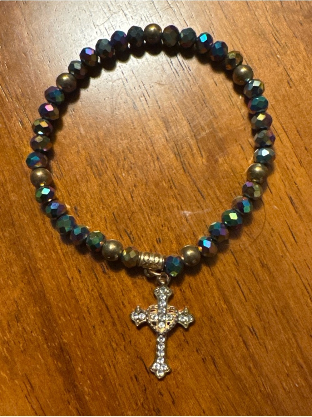 Iridescent Blue-Green Beaded Bracelet with Cross Charm